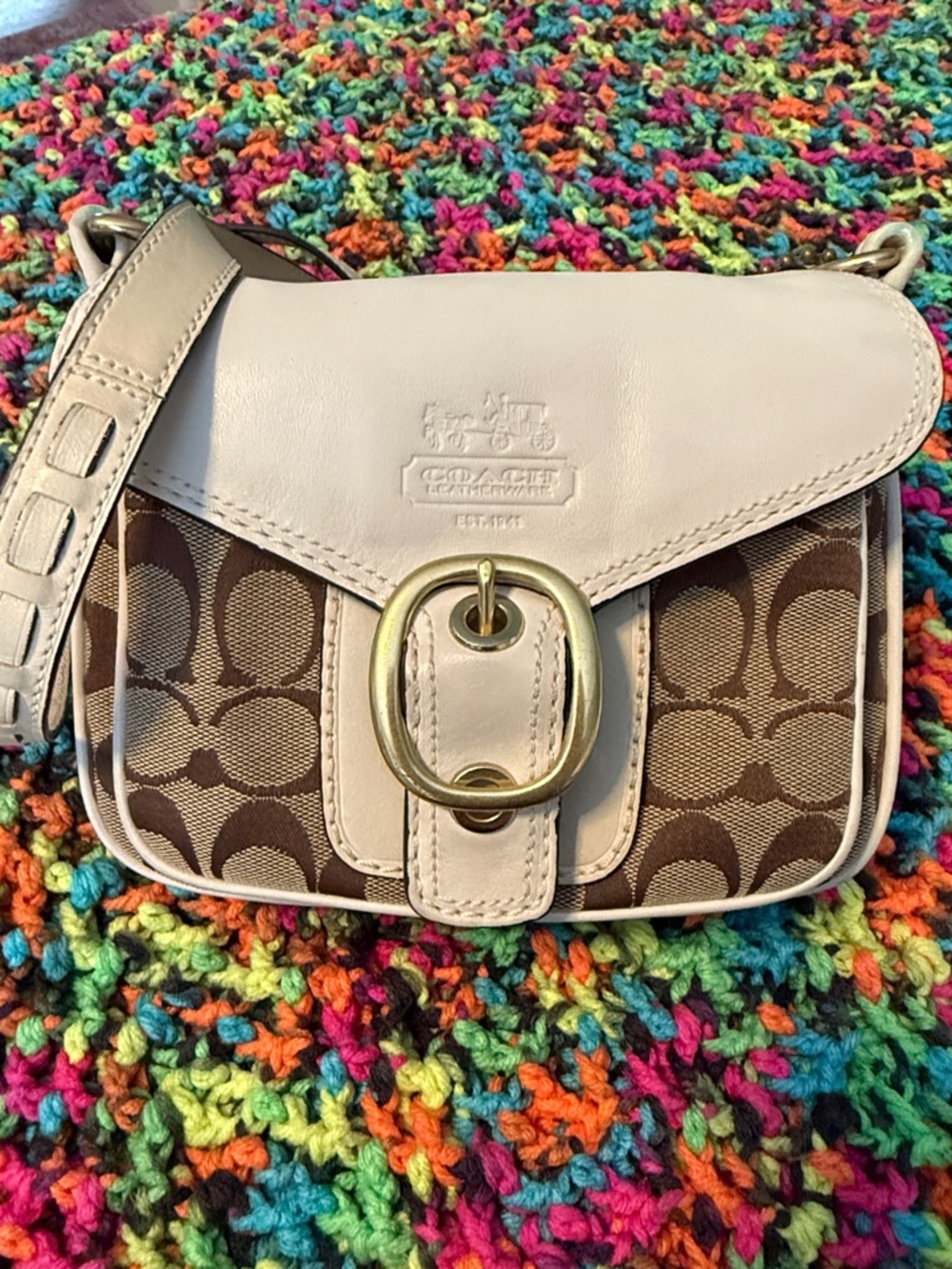 Coach Signature Canvas Crossbody in Brown and Cream with Gold Buckle